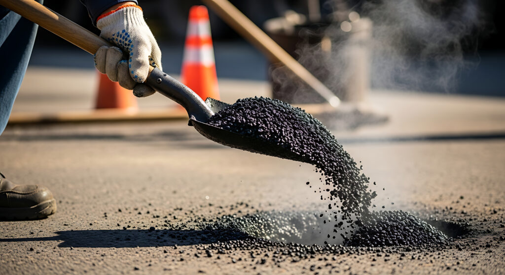 Asphalt Repair A worker fills a pothole with asphalt to restore the road to its former condition, ensuring safe travel. Pothole fix and roadworks.